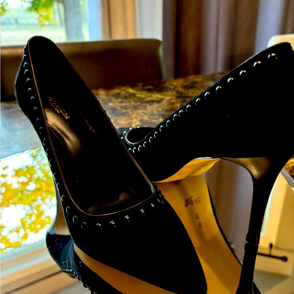 Coach black suede studded 3.5” heels, used in excellent condition.  Size 9b